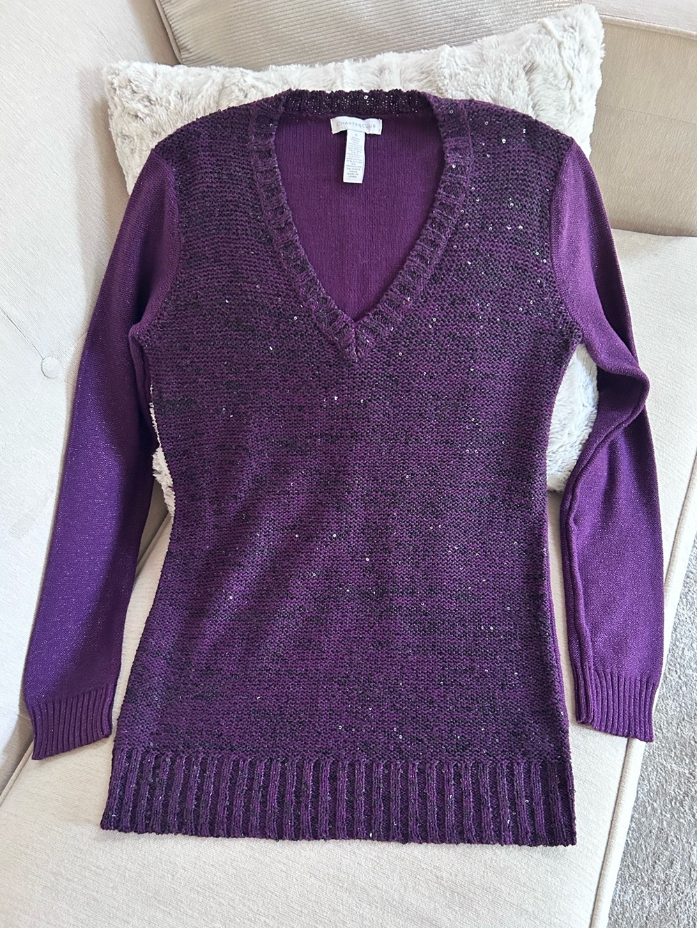 Charter Club Purple V-Neck Sweater with Subtle Sparkle